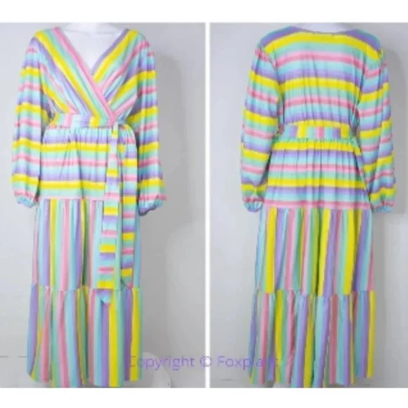 ELOQII Maxi Dress Womens 18 Easter Colorful Striped Tiered Ballon Long Sleeves - Picture 3 of 16